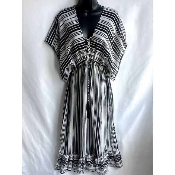 America & Beyond Ebony Frost Dress Striped S Sheer Cover Swim Beachy Pool Kaftan - Picture 1 of 12